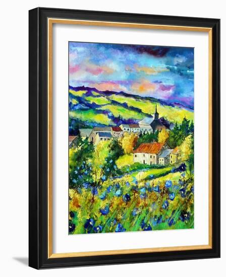 Landscape summer blue poppies village Belgium-Pol Ledent-Framed Art Print