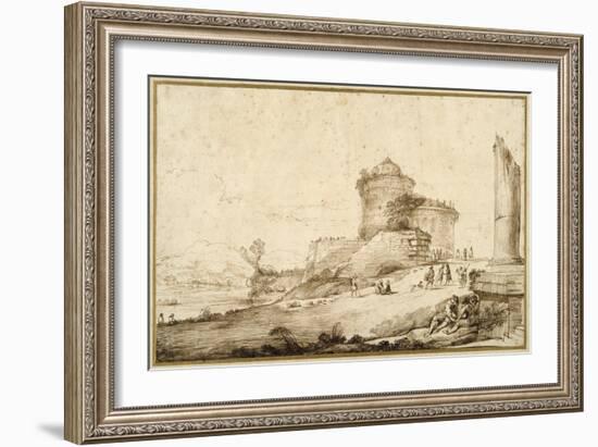 Landscape with a Broken Column, a Castle and Numerous Figures in the Foreground at the Right-Guercino (Giovanni Francesco Barbieri)-Framed Giclee Print