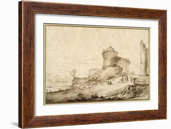 Landscape with a Broken Column, a Castle and Numerous Figures in the Foreground at the Right-Guercino (Giovanni Francesco Barbieri)-Framed Giclee Print