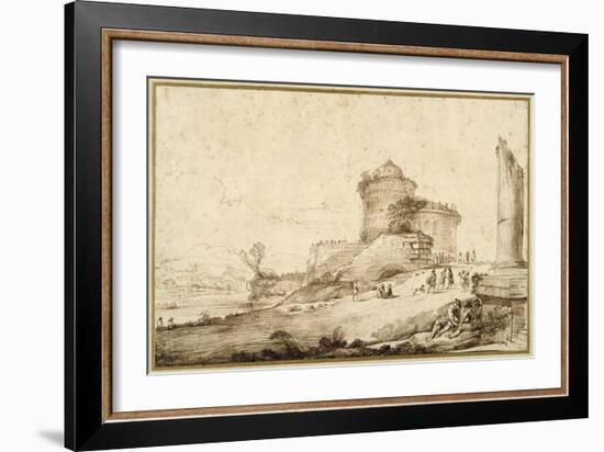 Landscape with a Broken Column, a Castle and Numerous Figures in the Foreground at the Right-Guercino (Giovanni Francesco Barbieri)-Framed Giclee Print