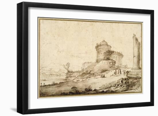 Landscape with a Broken Column, a Castle and Numerous Figures in the Foreground at the Right-Guercino (Giovanni Francesco Barbieri)-Framed Giclee Print