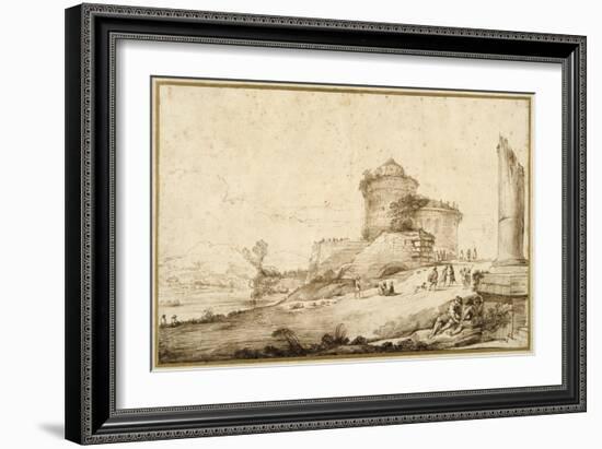 Landscape with a Broken Column, a Castle and Numerous Figures in the Foreground at the Right-Guercino (Giovanni Francesco Barbieri)-Framed Giclee Print