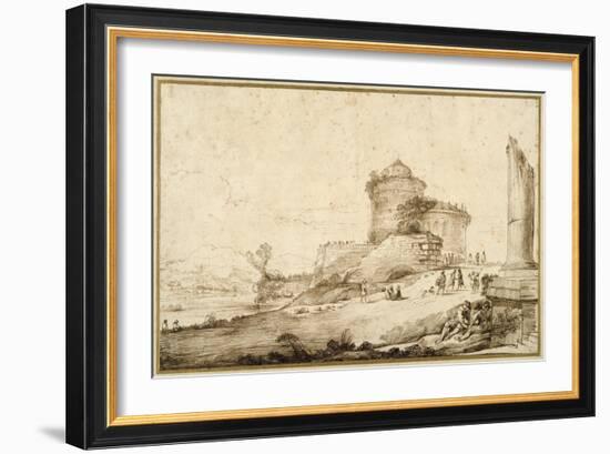 Landscape with a Broken Column, a Castle and Numerous Figures in the Foreground at the Right-Guercino (Giovanni Francesco Barbieri)-Framed Giclee Print