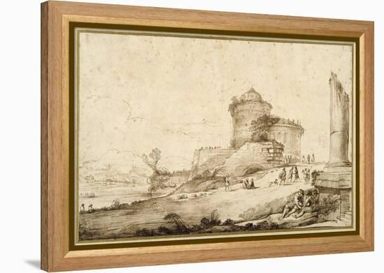 Landscape with a Broken Column, a Castle and Numerous Figures in the Foreground at the Right-Guercino (Giovanni Francesco Barbieri)-Framed Premier Image Canvas
