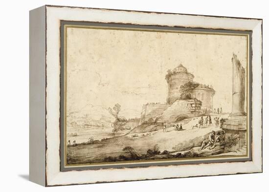 Landscape with a Broken Column, a Castle and Numerous Figures in the Foreground at the Right-Guercino (Giovanni Francesco Barbieri)-Framed Premier Image Canvas