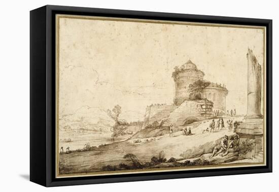 Landscape with a Broken Column, a Castle and Numerous Figures in the Foreground at the Right-Guercino (Giovanni Francesco Barbieri)-Framed Premier Image Canvas