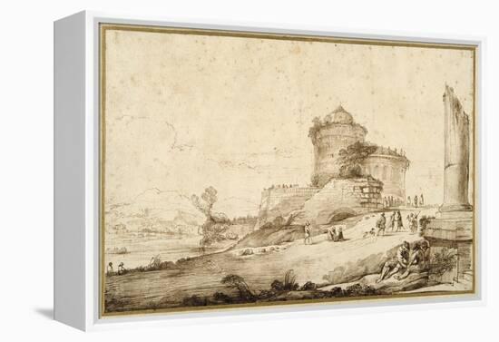 Landscape with a Broken Column, a Castle and Numerous Figures in the Foreground at the Right-Guercino (Giovanni Francesco Barbieri)-Framed Premier Image Canvas