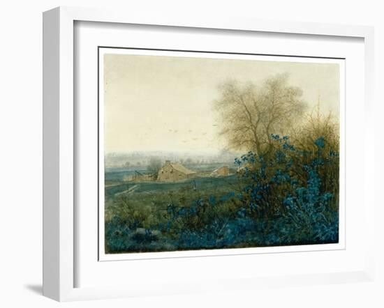 Landscape with a Farmhouse and a Peasant Wheeling a Barrow, 1865 (W/C Heightened with Gouache, Pen-Leon Bonvin-Framed Giclee Print