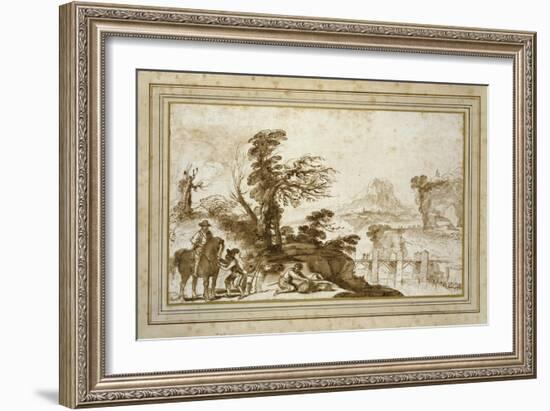 Landscape with a Horseman and a Bridge (Pen and Wash in Brown Ink with Some Black Chalk on Off-Whit-Guercino-Framed Giclee Print