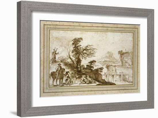 Landscape with a Horseman and a Bridge (Pen and Wash in Brown Ink with Some Black Chalk on Off-Whit-Guercino-Framed Giclee Print