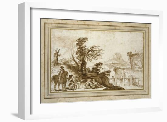 Landscape with a Horseman and a Bridge (Pen and Wash in Brown Ink with Some Black Chalk on Off-Whit-Guercino-Framed Giclee Print