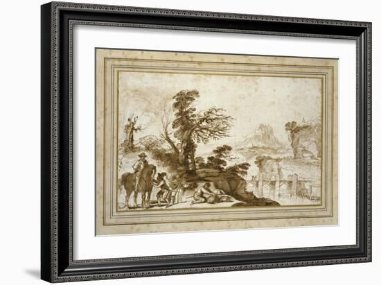 Landscape with a Horseman and a Bridge (Pen and Wash in Brown Ink with Some Black Chalk on Off-Whit-Guercino-Framed Giclee Print