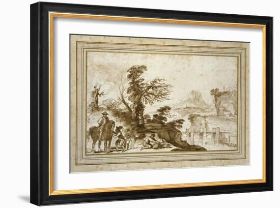 Landscape with a Horseman and a Bridge (Pen and Wash in Brown Ink with Some Black Chalk on Off-Whit-Guercino-Framed Giclee Print
