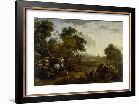 Landscape with a Hunting Party, C.1655-60 (Oil on Wood)-Nicolaes Pietersz Berchem-Framed Giclee Print