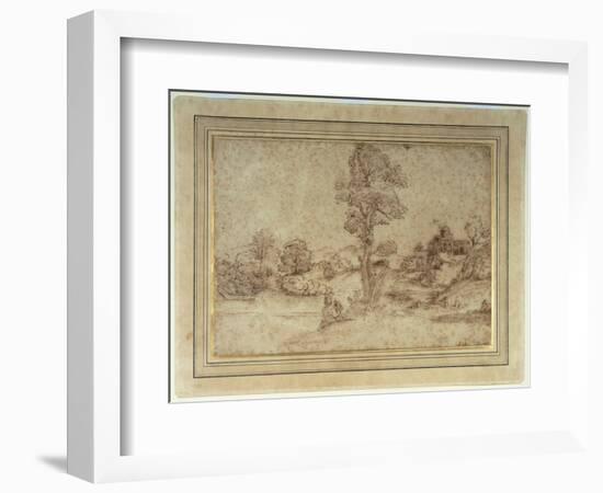 Landscape with a Lake and Buildings, a Mother and Child Seated by a Tree-Pietro Paolo Bonzi-Framed Giclee Print