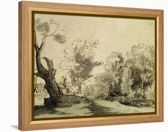 Landscape with a Path, an Almost Dead Tree on the Left and a Footbridge Leading to a Farm-Rembrandt van Rijn-Framed Premier Image Canvas