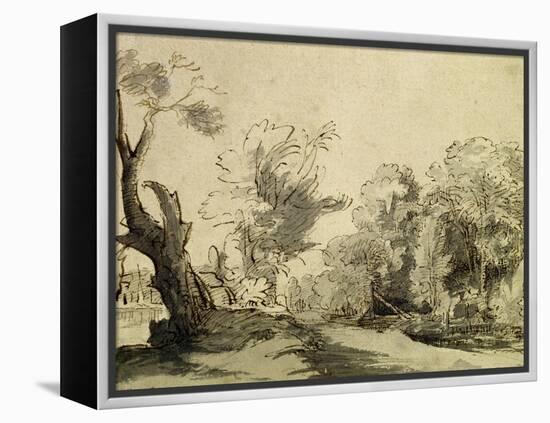 Landscape with a Path, an Almost Dead Tree on the Left and a Footbridge Leading to a Farm-Rembrandt van Rijn-Framed Premier Image Canvas