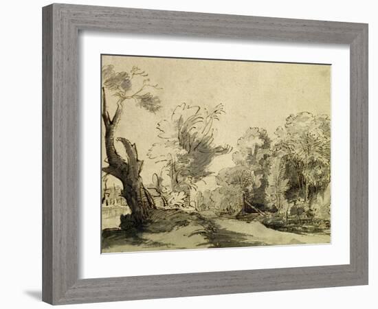 Landscape with a Path, an Almost Dead Tree on the Left and a Footbridge Leading to a Farm-Rembrandt van Rijn-Framed Giclee Print