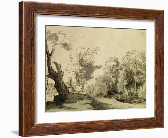 Landscape with a Path, an Almost Dead Tree on the Left and a Footbridge Leading to a Farm-Rembrandt van Rijn-Framed Giclee Print