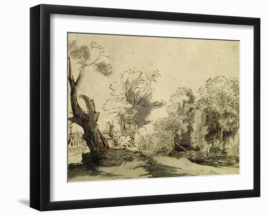 Landscape with a Path, an Almost Dead Tree on the Left and a Footbridge Leading to a Farm-Rembrandt van Rijn-Framed Giclee Print
