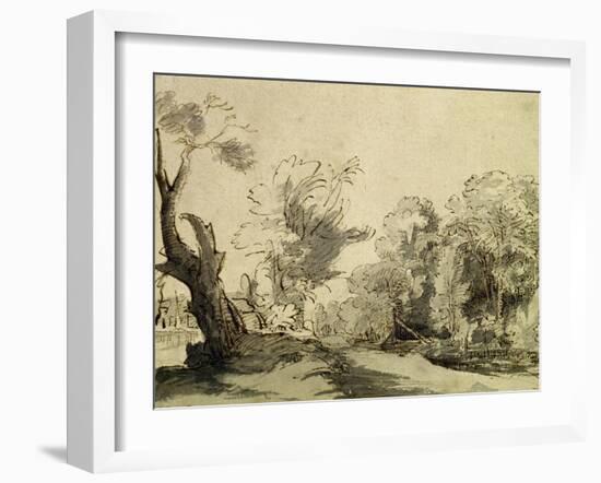 Landscape with a Path, an Almost Dead Tree on the Left and a Footbridge Leading to a Farm-Rembrandt van Rijn-Framed Giclee Print
