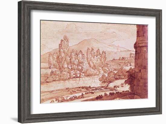 Landscape with a River, a Herd of Cattle and a Herdsman (Pen, W/C and Bistre Wash)-Claude Lorraine-Framed Giclee Print