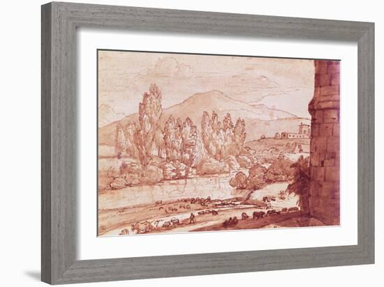 Landscape with a River, a Herd of Cattle and a Herdsman (Pen, W/C and Bistre Wash)-Claude Lorraine-Framed Giclee Print