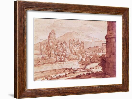 Landscape with a River, a Herd of Cattle and a Herdsman (Pen, W/C and Bistre Wash)-Claude Lorraine-Framed Giclee Print