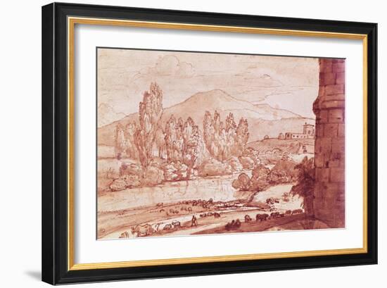 Landscape with a River, a Herd of Cattle and a Herdsman (Pen, W/C and Bistre Wash)-Claude Lorraine-Framed Giclee Print