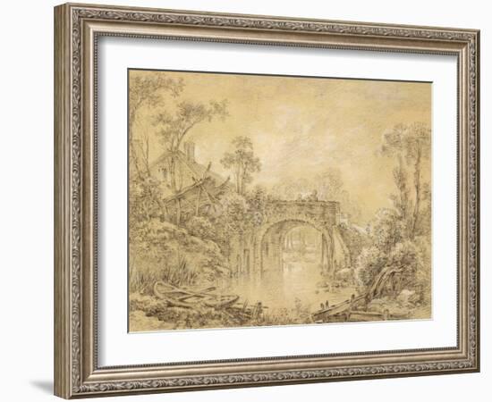 Landscape with a Rustic Bridge, C.1740 (Black Chalk Heightened with White on Cream Laid Paper)-Francois Boucher-Framed Giclee Print