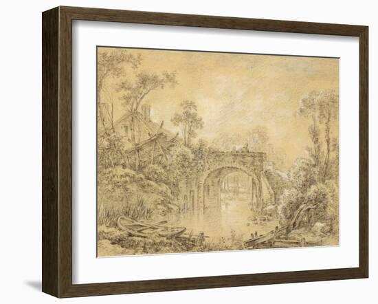 Landscape with a Rustic Bridge, C.1740 (Black Chalk Heightened with White on Cream Laid Paper)-Francois Boucher-Framed Giclee Print