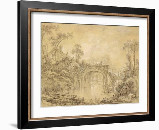 Landscape with a Rustic Bridge, C.1740 (Black Chalk Heightened with White on Cream Laid Paper)-Francois Boucher-Framed Giclee Print