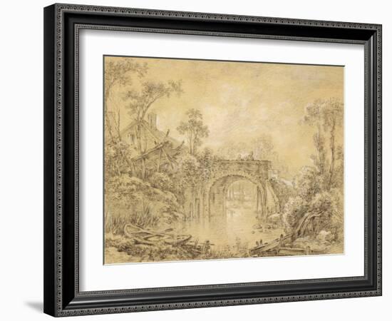 Landscape with a Rustic Bridge, C.1740 (Black Chalk Heightened with White on Cream Laid Paper)-Francois Boucher-Framed Giclee Print