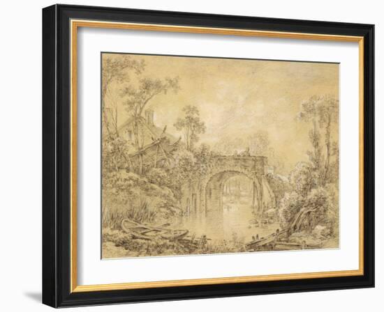 Landscape with a Rustic Bridge, C.1740 (Black Chalk Heightened with White on Cream Laid Paper)-Francois Boucher-Framed Giclee Print