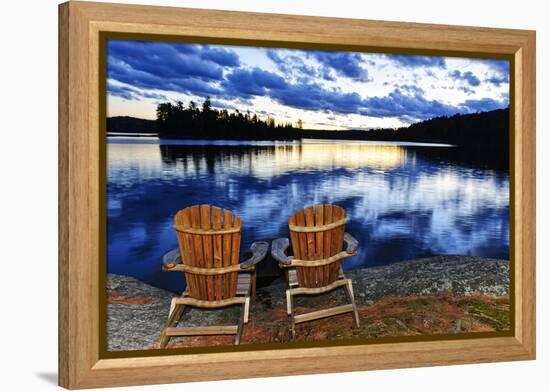 Landscape with Adirondack Chairs on Shore of Relaxing Lake at Sunset in Algonquin Park, Canada-elenathewise-Framed Premier Image Canvas