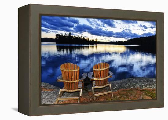 Landscape with Adirondack Chairs on Shore of Relaxing Lake at Sunset in Algonquin Park, Canada-elenathewise-Framed Premier Image Canvas