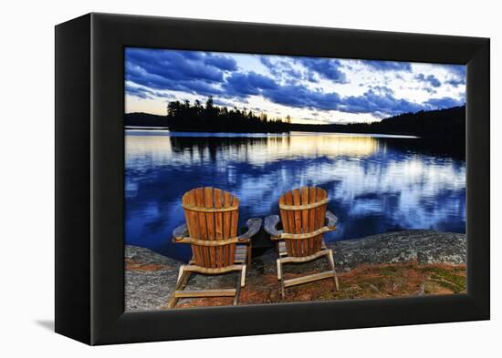Landscape with Adirondack Chairs on Shore of Relaxing Lake at Sunset in Algonquin Park, Canada-elenathewise-Framed Premier Image Canvas