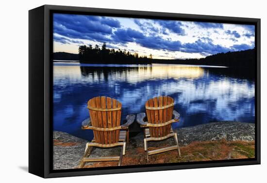 Landscape with Adirondack Chairs on Shore of Relaxing Lake at Sunset in Algonquin Park, Canada-elenathewise-Framed Premier Image Canvas