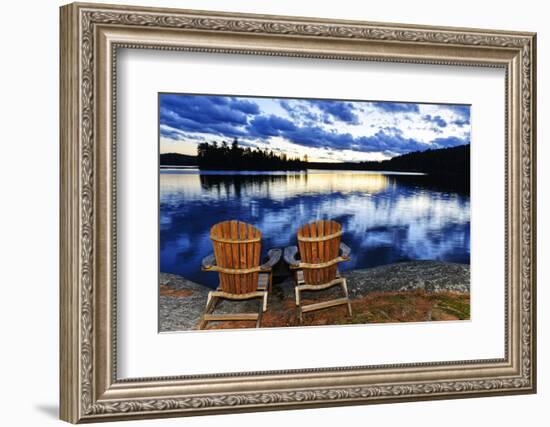 Landscape with Adirondack Chairs on Shore of Relaxing Lake at Sunset in Algonquin Park, Canada-elenathewise-Framed Photographic Print