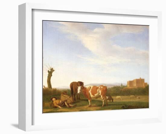 Landscape with Cattle and a Pollarded Tree, 1658 (Oil on Canvas Laid down on Panel)-Adriaen van de Velde-Framed Giclee Print