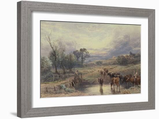 Landscape with Cattle and Bridge, 19Th Century (Watercolour)-Myles Birket Foster-Framed Giclee Print