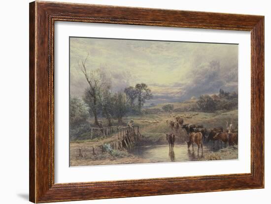 Landscape with Cattle and Bridge, 19Th Century (Watercolour)-Myles Birket Foster-Framed Giclee Print