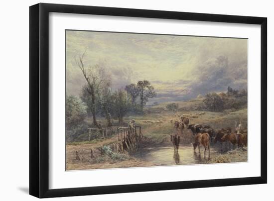 Landscape with Cattle and Bridge, 19Th Century (Watercolour)-Myles Birket Foster-Framed Giclee Print