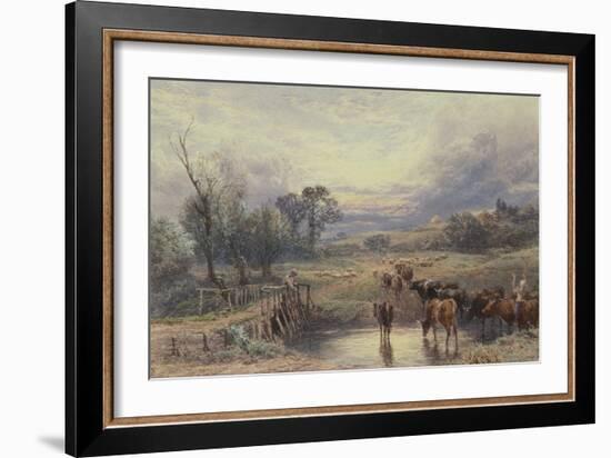 Landscape with Cattle and Bridge, 19Th Century (Watercolour)-Myles Birket Foster-Framed Giclee Print