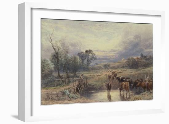 Landscape with Cattle and Bridge, 19Th Century (Watercolour)-Myles Birket Foster-Framed Giclee Print