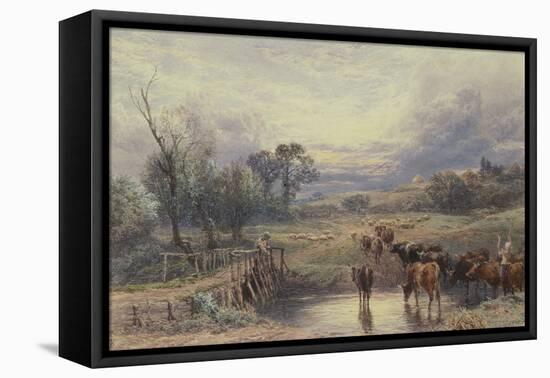 Landscape with Cattle and Bridge, 19Th Century (Watercolour)-Myles Birket Foster-Framed Premier Image Canvas