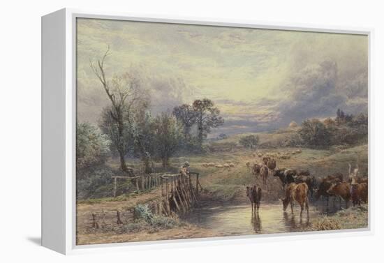 Landscape with Cattle and Bridge, 19Th Century (Watercolour)-Myles Birket Foster-Framed Premier Image Canvas