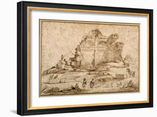 Landscape with Classical Ruins and a Youth Attacked by Dogs-Guercino (Giovanni Francesco Barbieri)-Framed Giclee Print