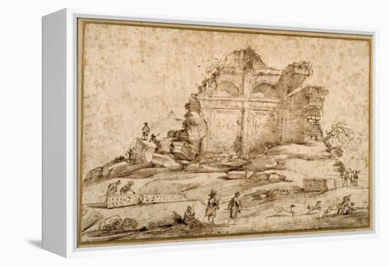 Landscape with Classical Ruins and a Youth Attacked by Dogs-Guercino (Giovanni Francesco Barbieri)-Framed Premier Image Canvas