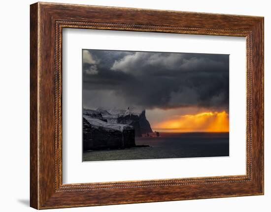 Landscape with coastal cliffs in winter at sunset, Faroe Islands, Denmark-Panoramic Images-Framed Photographic Print